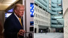 Ifoto ifatanyije mu buryo bwo mu ikoranabuhanga igaragaza Trump yambaye ikositimu y'ubururu na karuvati y'umuhondo ari ibumoso, n'ifoto y'ibiro bikuru bya BBC i London, iburyo. 