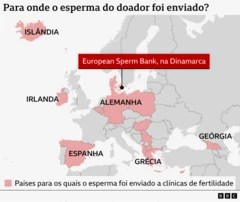 Mapa da Europa destaca os países onde clínicas de fertilidade utilizaram o esperma do doador: Dinamarca, Bélgica, Espanha, Islândia, Alemanha, Grécia, Chipre, Macedônia do Norte, Geórgia, Hungria, Irlanda, Polônia, Albânia e Sérvia. Um marcador em vermelho indica a clínica European Sperm Bank, em Copenhague (Dinamarca)