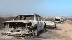 Una captura de pantalla de un vídeo muestra los restos de vehículos calcinados utilizados por personas que fallecieron al intentar escapar de los mortíferos incendios forestales que afectaron a la provincia de Almería —según la Guardia Civil española—, en Bédar, Almería.