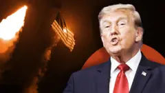 Montagem com Donald Trump, bandeira americana e míssel