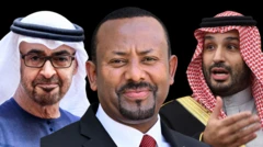 Pirezidantii UAE Sheek Mohaammad Bin Zayiid Al Naahiyaan (bitaa), Ministira Muummee Itoophiyaa Abiy Ahimad (gidduu) fi Ilma Mootii Sa'udii Mohaammad Bin Salmaan (mirga)