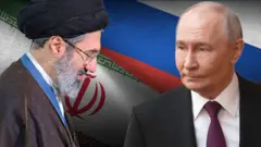 Глава МИД Ирана Аббас Арагчи и президент России Владимир Путин на фоне флагов Ирана и РФ 