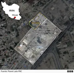 Una imagen satelital que muestra la escuela que fue atacada en Minab, Irán
