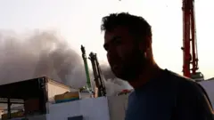 शारजाहमा निस्किएको धुवाँको मुस्लो, नजिकै एक व्यक्ति हिँड्दै छन्