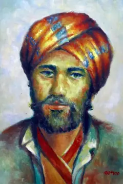 Retrato colorido de Avicena, com barba e uma espécie de turbante