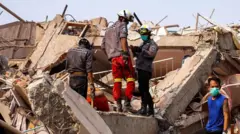 म्यानमारमधील मंडाले येथे कोसळलेल्या इमारतीच्या ढिगाऱ्याखाली अडकून पडलेल्या नागरिकांना शोधताना बचावकर्ते