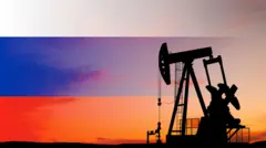 ရုရှားအလံ နောက်ခံနဲ့ ရေနံတူးတင်တစ်ခုကို ပေါင်းစပ်ထားတဲ့ စတော့ ဓာတ်ပုံ