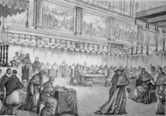 A votação dos cardeais na Capela Sistina durante um conclave. Reprodução de uma xilogravura de 1881