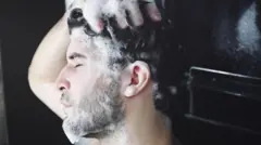 Homem de lado, de olhos fechados, lavando a barba e os cabelos com água e sabão.