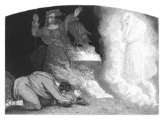 Antiga ilustração gravada de Saul e a bruxa de En-Dor