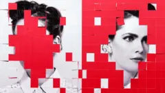 Imagem alterada de uma mulher com requadros que tampam seu rosto