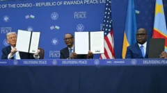 Trump, Kagame, and Tshisekedi hold up dia signed papers