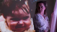 Amanda Mustard junto a una foto de cuando era bebé.
Proyección de la filmación en Toronto tomada en el set durante la producción de material de archivo para la película "Great Photo, Lovely Life". 