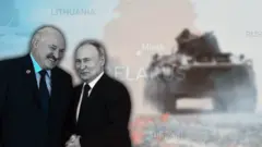 Лукашенко ва Путин кулиб бир-бирларининг қўлларини сиқишмоқда. Орқада Беларус харитаси ва танк коллажи