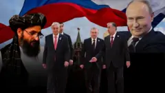 Марказий Осиё лидерлари, Россия президенти ва Толибон ҳукумати Бош вазири муовини Кремл фонида.