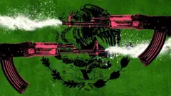 Graphic showing two AK-47s firing cocaine with the Mexican coat of arms in the background
