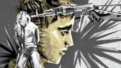 Una ilustración de una persona siendo apuntada con un fusil.