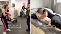 Imagen a la izquierda de Grace Wolstenholme en un entrenamiento de boxeo en un gimnasio. Imagen a la izquierda de un hombre con la cara borrosa abrazando una almohada