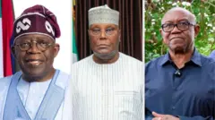 Collage of images of Bola Tinubu, Atiku Abubakar and Peter Obi