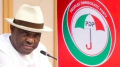 Foto of Nyesom Wike and PDP logo