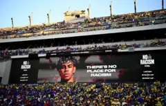 A general view as the screen displays a "Stop The Hate" and "No Racism" message during the FIFA World Cup 2026 Group C match between Brazil and Haiti at Philadelphia Stadium on June 19, 2026 in Philadelphia, Pennsylvania. 