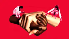 Колаж - на червоному тлі дві великі людські руки тримають одна одну, на них - фігурки двох маленьких людей