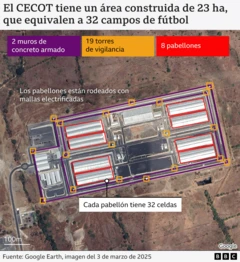 Plano del Cecot hecho sobre una imagen de Google Earth del 3 de marzo de 2025.