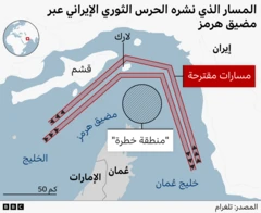 تُظهر الخريطة مضيق هرمز مع مسارين مروريين مُحددين - أحدهما باتجاه الشرق والآخر باتجاه الغرب.
