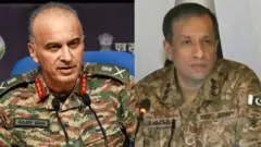 भारतीय सेना के लेफ़्टिनेंट जनरल राजीव घई (बाएं) और पाकिस्तानी सेना अहमद शरीफ़ चौधरी (दाएं)