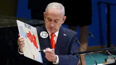 Netanahu kürsüde elinde tuttuğu haritaya bakıyor, kısmen türkiye ve güneydoğu komşuları görünüyor. Komşular kırmızıyla işaretlenmiş. Diğer elinde kalem var.