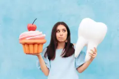 Bir kadın tatlı ve diş sağlığı arasında karar vermeye çalışıyor