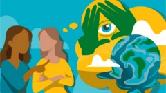 Illustration de deux femmes en pleine discussion avec une bulle de pensée représentant un globe terrestre en fusion et un symbole illuminati.