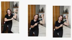 Marcela está de roupa preta e mostra seus músculos no braço