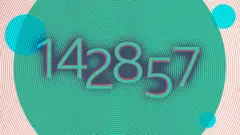 Ilustración con el número 142857 en colores verde y rosado y círculos