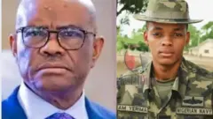 Aworan Nyesom Wike ati osisẹ ologun ti wọn jọ tahun sira wọn. Wike wọ kootu alawọ buluu, o de tai alawọ buluu bakan naa, ni ọmọ ogun naa, A.M Yerima wọ Khaki ologun alawọ ewe to si de fila rẹ pẹlu.
