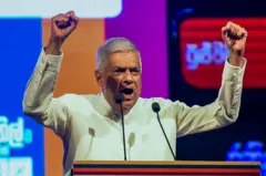 Sri Lanka's president and independent presidential candidate Ranil Wickremesinghe addresses supporters during a rally ahead of the upcoming presidential elections in Colombo on September 18, 2024. Sri Lanka's right-wing President Ranil Wickremesinghe, who seeks re-election this week, describes himself as the "designated survivor" capable of salvaging the economically troubled nation. Critics, however, say the 75-year-old six-time prime minister has been the beneficiary of circumstances, rising the ranks via power vacuums left by assassinations and resignations. (Photo by AFP) (Photo by -/AFP via Getty Images)