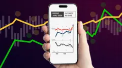 Celular, segurado por uma mão, mostra em sua tela um gráfico om três linhas. O fundo, roxo, tem também duas linhas, verde e amarela, que remetem a um gráfico. 