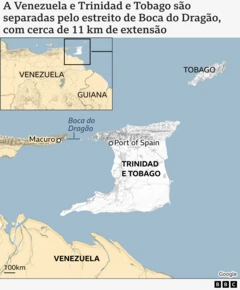 Mapa que mostra a menor distância entre a Venezuela e Trinidad e Tobago.