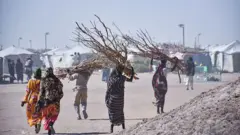 تظهر نساء سودانيات من الخلف باللباس التقليدي يحملن حطباً، وعدد آخر من الرجال يحمل أحدهم حطباً. كل شخص في الصورة يظهر ماشياً لوحده قرب عدد من الخيام. الصورة التقطت نهاراً.