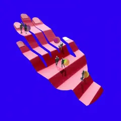 Ilustração em que pessoas sobem por uma escada em forma de mão humana.