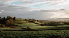 Un paisaje de colinas verdes y árboles otoñales con un cielo parcialmente nublado