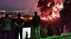 تعدادی از مردم روی دیوار ایستاده‌اند و به آتش‌سوزی نگاه می‌کنند، نمایی از شهر تهران پیداست