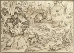 Ilustración de la epoca en sepia, diversas figuras en sitauciones que ilustran la pereza.