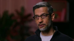 Sundar Pichai tem barba e cabelo curtos grisalhos, usa óculos e roupa escura, falando em ambiente interno desfocado.