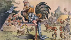 A caricatura retrata o Tio Sam como um galo grande, enquanto outros galos andam livremente representando os países da América do Sul, e as nações europeias são representadas por aves em um galinheiro com a inscrição "Doutrina Monroe".