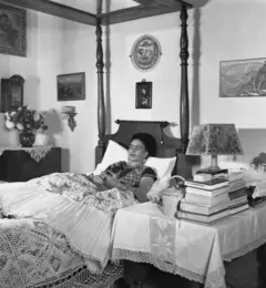 Frida Kahlo, usando brincos, com o cabelo preso e vestindo seu traje tradicional, está deitada na cama. A cabeça e as costas apoiam-se sobre um travesseiro branco. Ao lado há uma mesa com uma lâmpada, uma cesta e vários livros. Do outro lado há um vaso com flores e quadros na parede