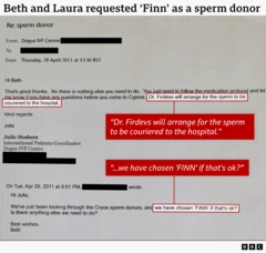 Sebuah pertukaran email mengenai donor sperma.
Secara rinci menjelaskan:
Pengirim: Dogus IVF Centre (Julie Hodson, International Patients Coordinator)
Tanggal: Kamis, 28 April 2011
Penerima email: Beth (dan pasangannya Laura)
Poin utamanya:
Beth dan Laura meninjau daftar donor sperma Cryos dan memilih seorang donor bernama “Finn.”
Mereka menanyakan apakah ada hal lain yang perlu mereka lakukan.
Klinik tersebut menjawab bahwa tidak ada tindakan lain yang diperlukan, selain mengikuti protokol pengobatan.
Dr. Firdevs akan mengatur pengiriman sperma melalui kurir ke rumah sakit sebelum kedatangan mereka di Siprus.
Kutipan penting dari email:
“Kami telah memilih ‘FINN’, apakah itu tidak masalah?”
“Dr. Firdevs akan mengatur pengiriman sperma melalui kurir ke rumah sakit.”