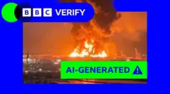 آتش‌سوزی عظیم درون کادر آبی رنگ با لوگوی بی‌بی‌سی وریفای