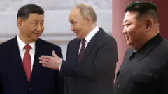 시진핑과 푸틴이 대화하는 모습을 김정은 위원장이 지켜보는 모습을 형상화한 이미지