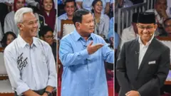 Ketiga calon presiden saat mengikuti debat Pilpres 2024 pada Selasa (12/12/2023)